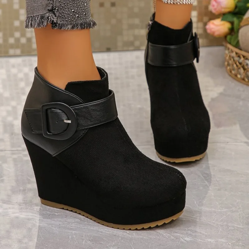 Women's Round Toe Platform Ankle Boots High Wedge Heel Side Zipper Mixed Texture Suede Look Buckle Strap Casual Walking Shoes