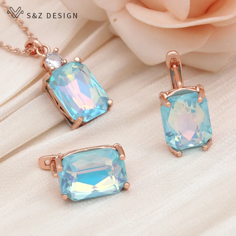 

S&Z DESIGN New Fashion Colorful Rectangle Crystal Dangle Earrings Jewelry Sets For Women Wedding 585 Rose Gold Color Necklace