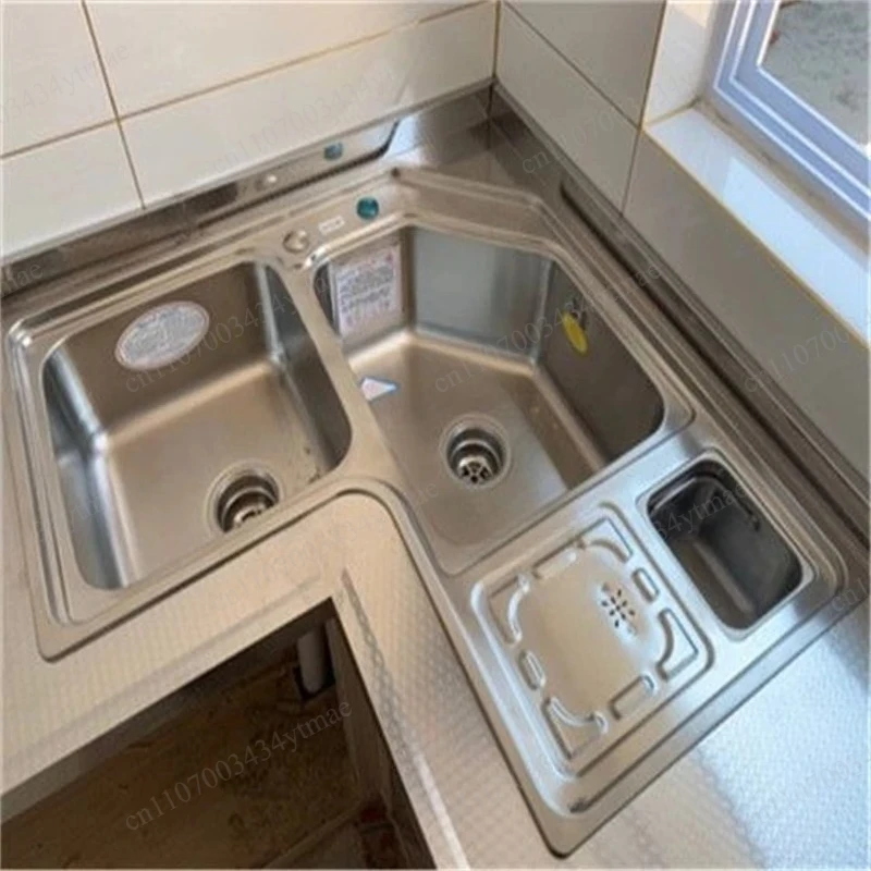 

Stainless Steel Corner Double Bowl Sink Brushed Kitchen Washing Basin Home Balcony Drain Kitchen Fixture