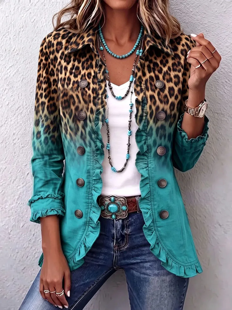 Retro Western Boho Jacket Women Lapel Collar Leopard Gradient Print Ruffle Trim Buttons Loose Coat Autumn Daily Street Outerwear