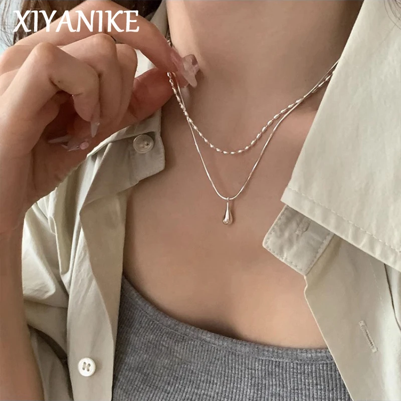 XIYANIKE 여성용 미니멀 더블 레이어 물방울 팬던트 목걸이 – 한국 패션, 새로운 주얼리, 친구 선물 및 파티용 콜리어