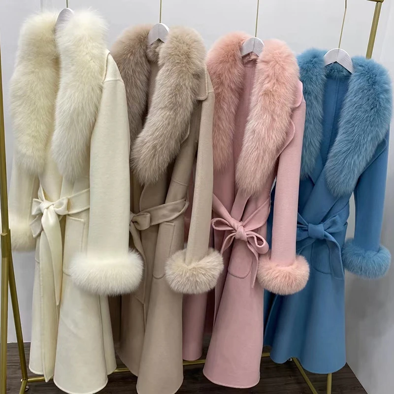 2024 Real Fur Coat Winter Jacket Women Natural Fox Fur Collar Cuffs Long Wool Blended Female Warm Thick Outerwear Streetwear