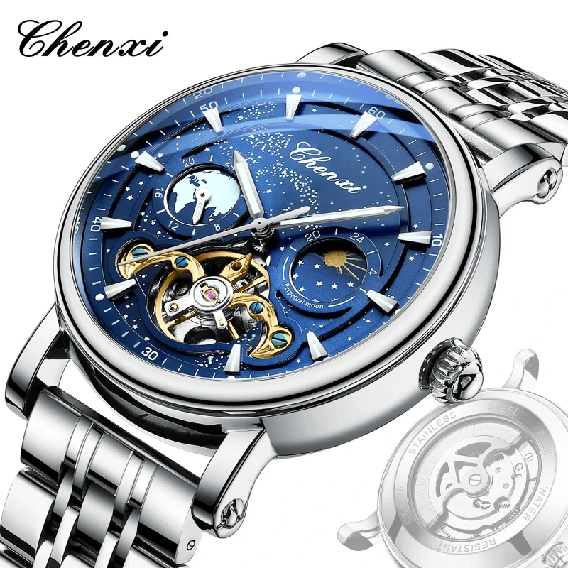 CHANXI 8872 Fully Automatic Mechanical Starry Sky Watch Men's Fashion Moon Phase Tourbillon Skeleton Steel Strip Watches for Man