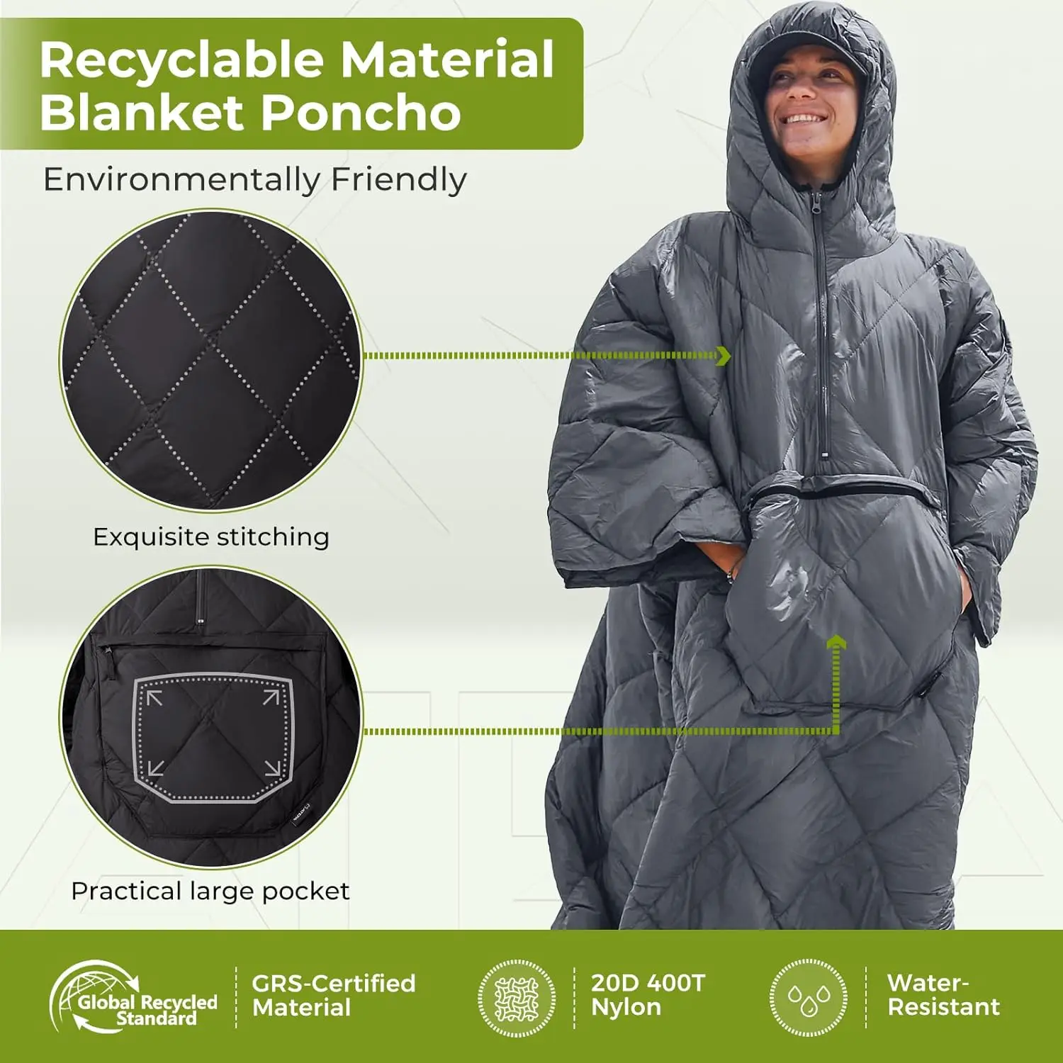 Factory Direct Portable Warm Poncho Waterproof Cloak Cape Camp Quilt and Cold Weather Wearable Sleeping Bag