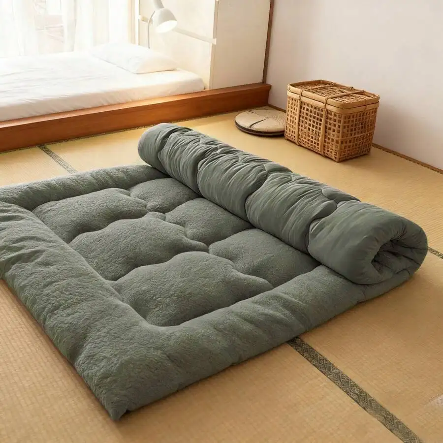 Ultra Soft  Floor Mattress Topper - Japanese  Style, Foldable & Roll Up Design, Plush Fluffy Tatami Mat For Bed/Guest Room (Grey/Green)