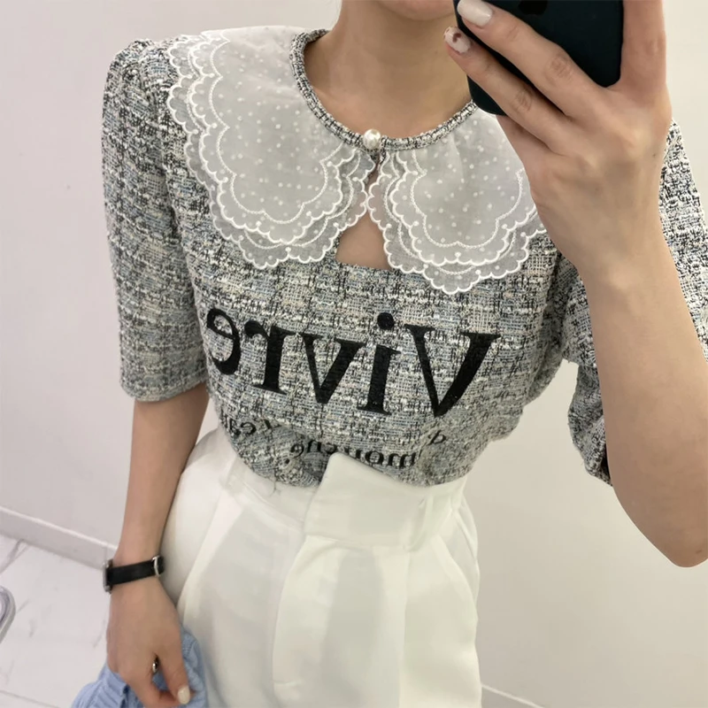

Retro Chic Petal Collar Hollow out Knitted Letter Print Loose ort Sve irt Women's Top Faionable Commute Sle Spring...