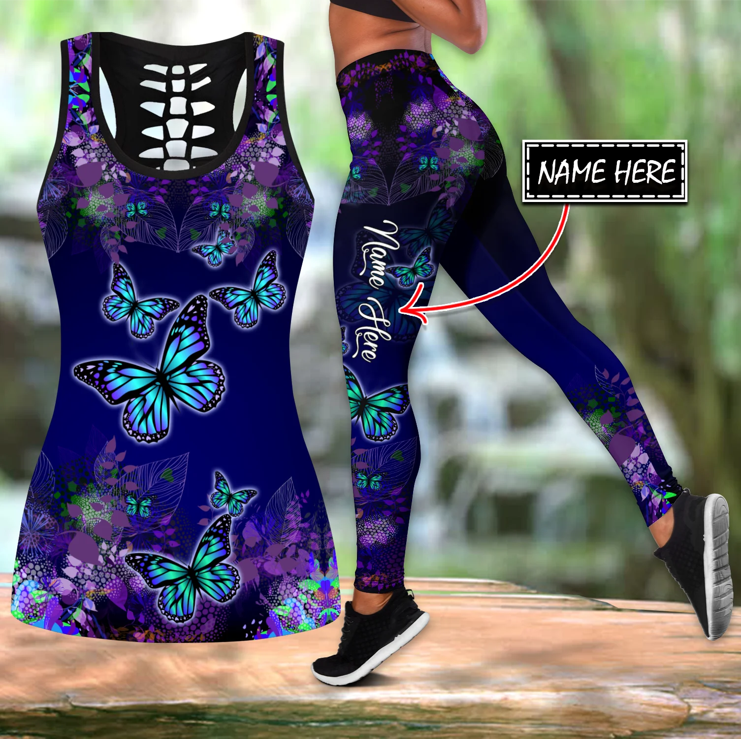 Custom Name Butterfly 3D Printed Hollow Tank Top And Leggings Set for Women Full Length Fitness Yoga Running Pants KBX01