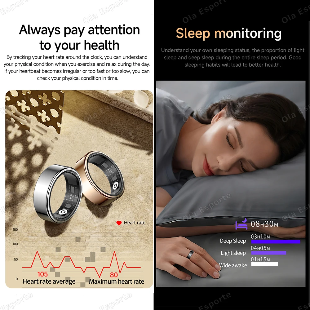 แหวนสมาร์ทใหม่พร้อมเคสชาร์จหรือชาร์จแบบแม่เหล็ก, วัดอัตราการเต้นของหัวใจ วัดออกซิเจนในเลือด, กันน้ำ 5ATM สำหรับโทรศัพท์ Android และ iOS