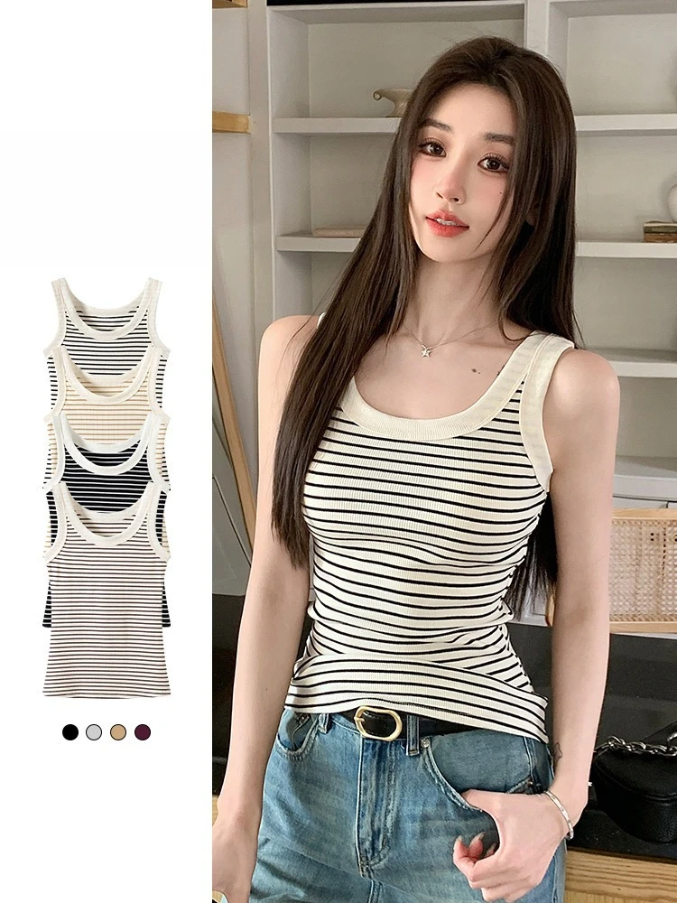 Cotton Strappy Vest Striped Slim Fit Skin Friendly Versatile Summer Sleeveless Tank Chic Comfy For Layering or Solo Wear