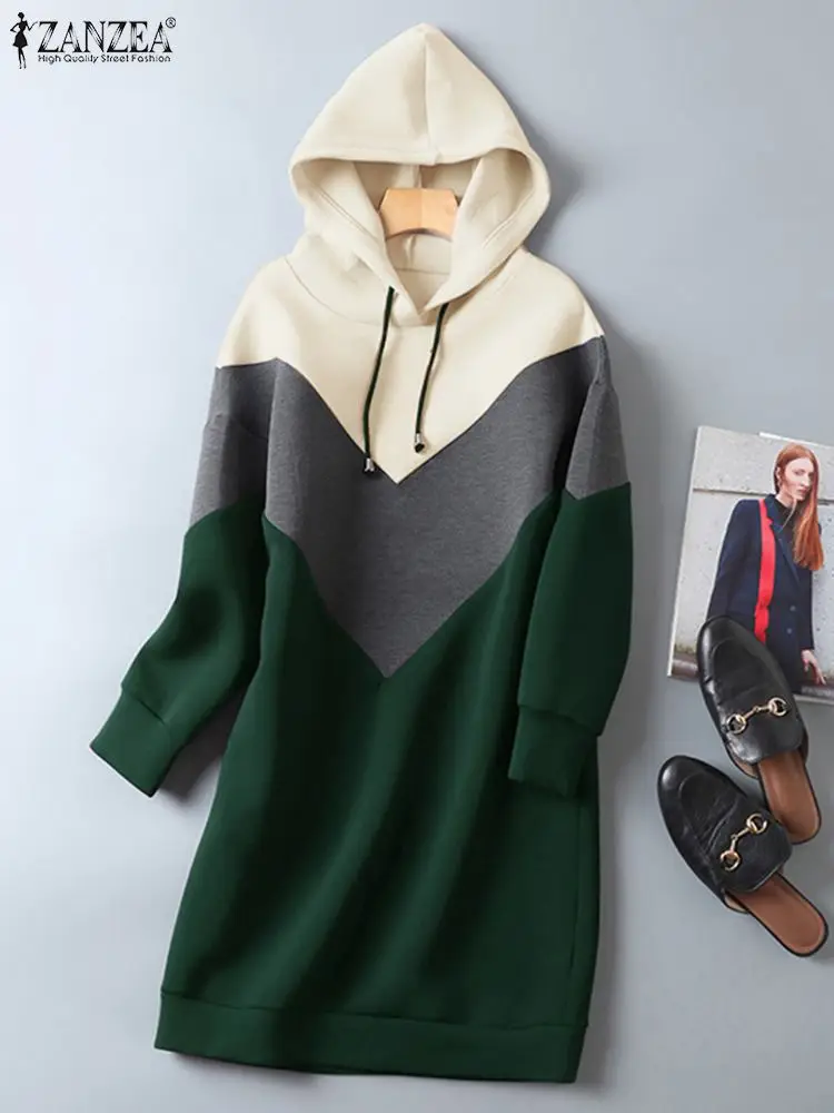 ZANZEA Mode Frauen Hoodies Langarm Sommerkleid Casual Patchwork Knie-länge Vestido Lose Pullover Herbst Sweatshirt Kleid