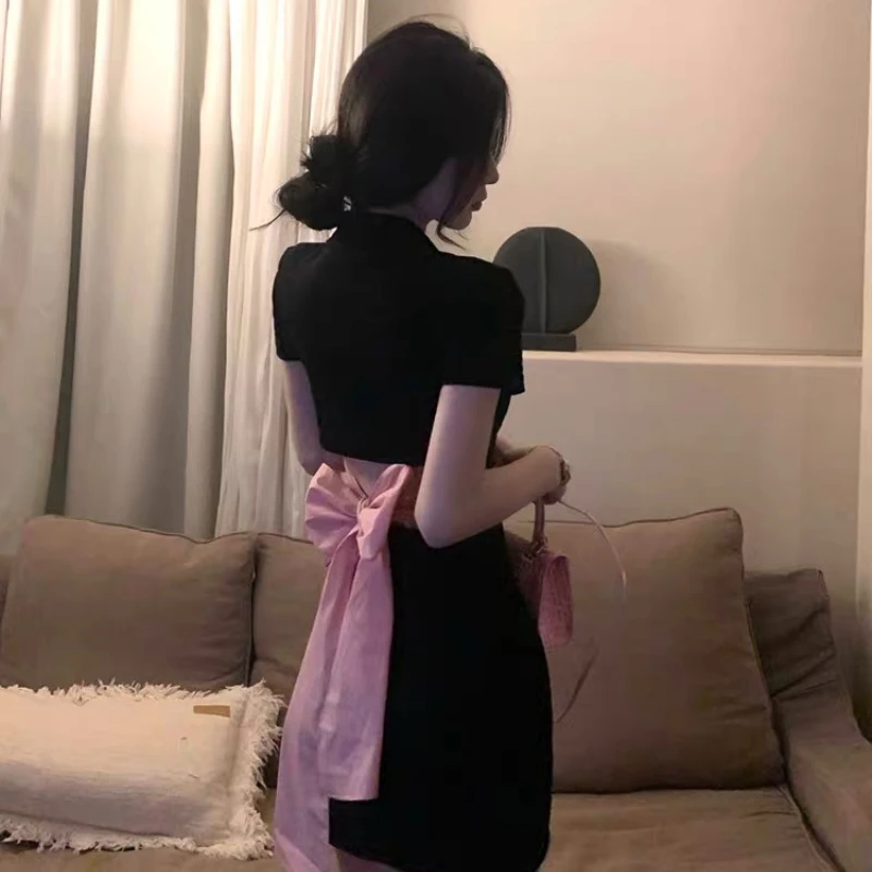 Short Sleeve Dresses Women Sexy Sweet French Style Summer Temperament Bow Black Basic Design Students Vestido Feminino Ulzzang