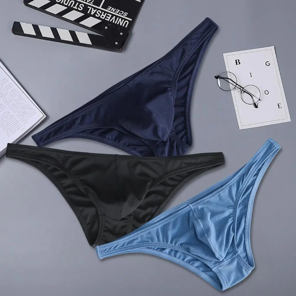 Fashion Men Briefs Ice Silk Thin Stripe Solid Color U Convex Inside Wearing Sexy Quick Dry Thong Panties Underpants