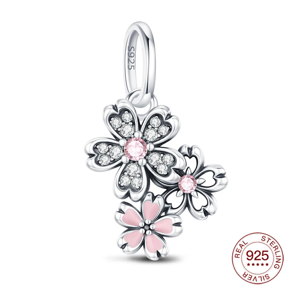 

New 925 Sterling Silver Bead Pink Three Cherry Blossom Pendants Charm Fit Women Snake Chain Charm Bracelet Women Diy Jewelry