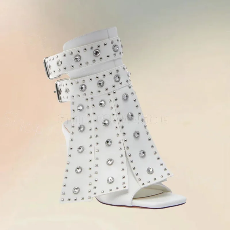 Rivets Decor White Cut Heel Open Toe Sandals Buckle Strap Women Shoes Thin High Heels New Party Banquet 2026 Zapatos Para Mujere