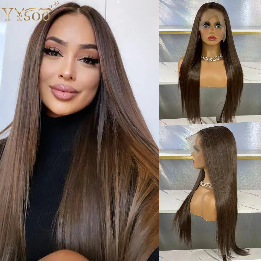 YYsoo 13x6 Long Silky Straight 6# Futura Synthetic Hair Lace Front Wigs for Women Glueless Soft&Smooth Lace Wigs 6inch Deep Part