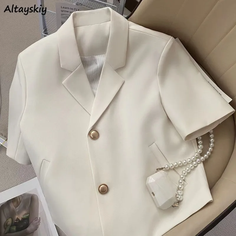 Korean Style Blazers for Women Solid Single Breasted All-match Loose Notched Ins College Short Sleeve Summer Clothing Outwear