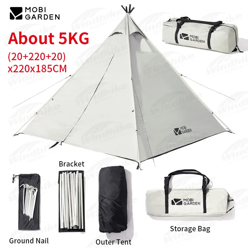 MOBI GARDEN Camping A-Shape Tower Tent Canopy 5KG Family 2-4 Person Pyramid Double Door PU3000MM Sun-proof UV50+ Outdoor Hiking