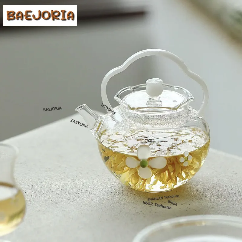 BAEJORIA 290ml Lily Of The Valley Glass Lifting Handle Teapot Ancient Tea Infuser Pot Tea Maker Kettle With Filter Gift Craft