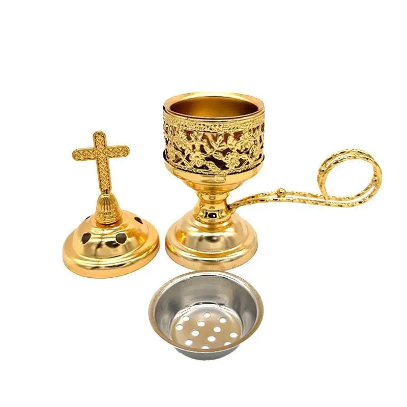 Vintage Catholic Incense Burner With Cross Small Brass Metal Crafts Aromatherapy Diffuser for Family Yoga Home Decoration