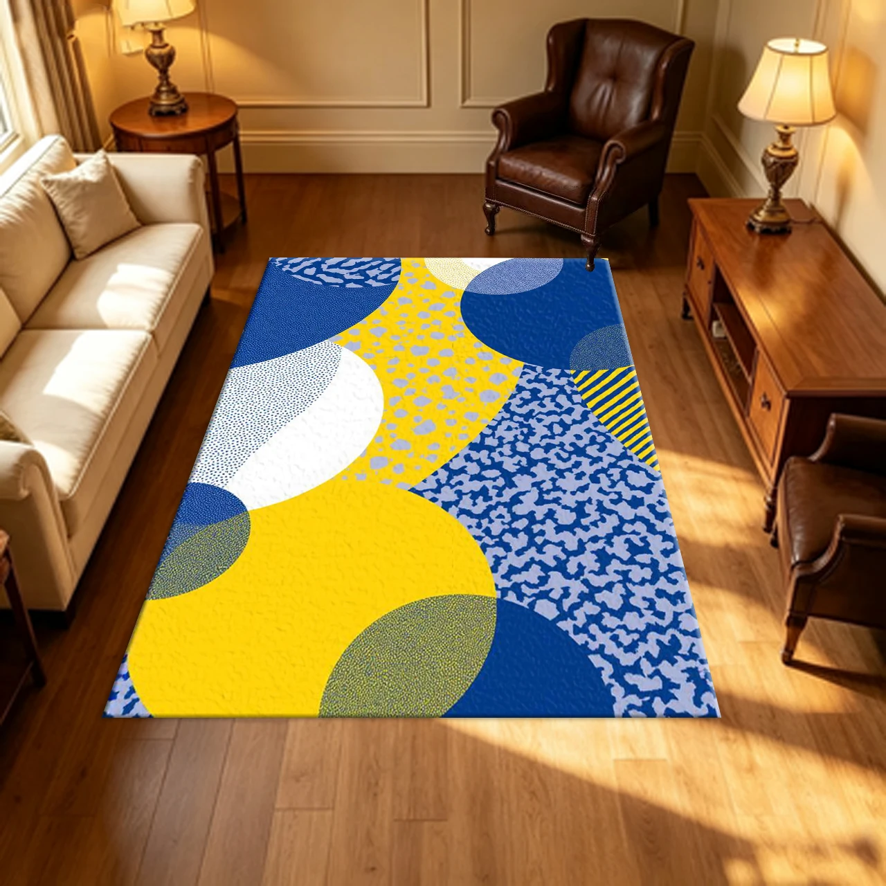 Modern Abstract Geometric Circular Shape Carpet Flooring Blue Yellow White Stipple Texture Household Indoor Decor Area Rug