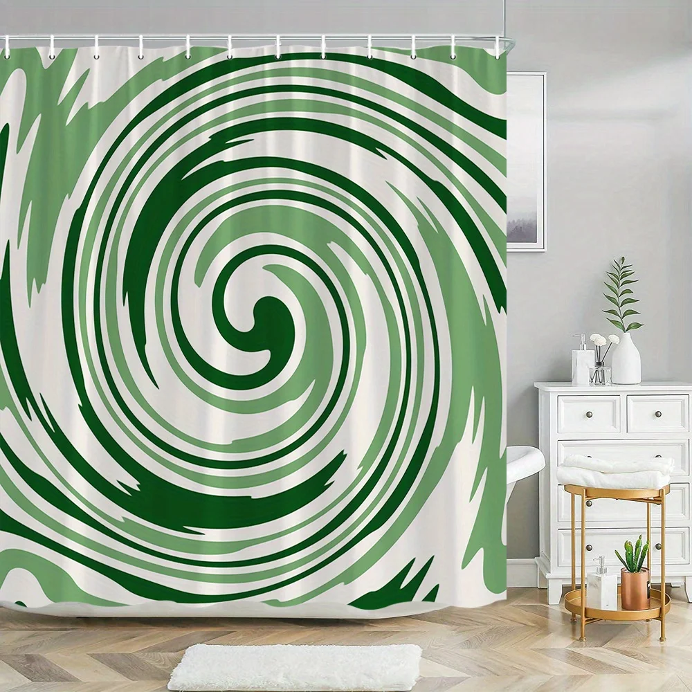 

1pc Green Spiral Abstract Shower Curtain - Hypnotic Concentric Rings Design, Cream Background, Smooth Flowing Lines, 70.8x70.8in
