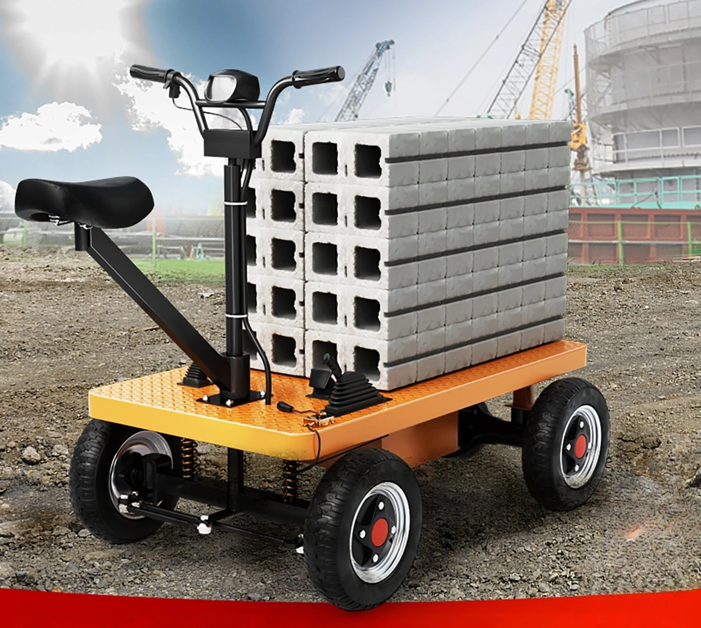 Front and back riding four-wheeled electric flatbed truck, construction site pulling bricks, warehouse pulling cargo trolley