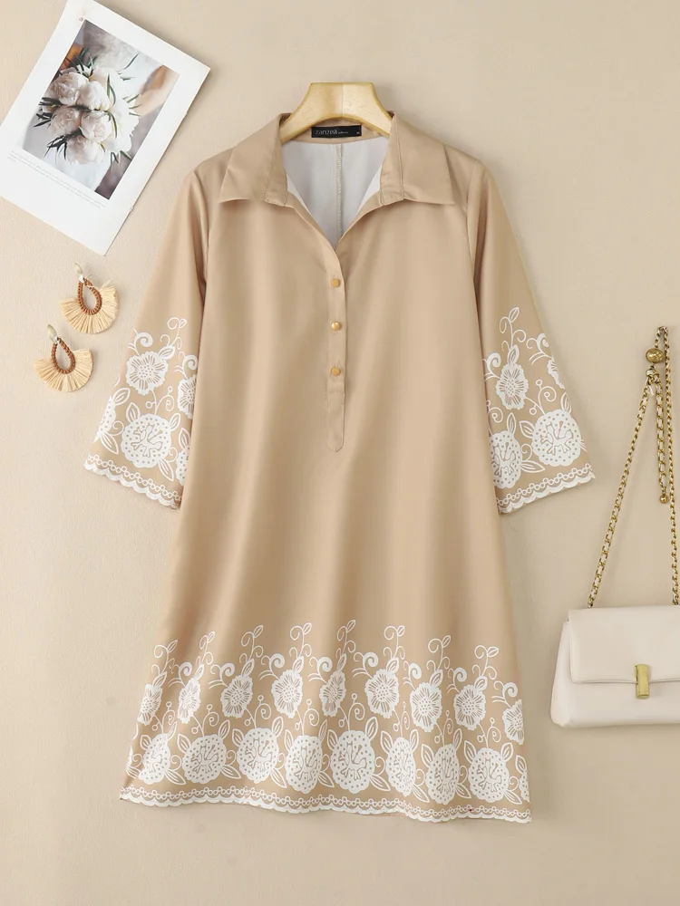 ZANZEA Abiti camicia casual con stampa floreale 2025 Colletto rovesciato autunnale Mezzo bottone Manica a 3/4 Abito corto Pendolarismo Abbigliamento quotidiano