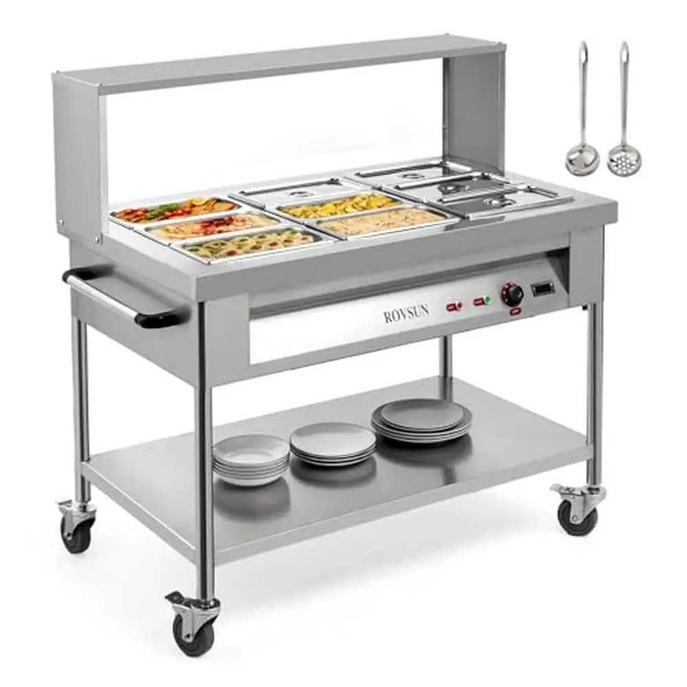 Commercial 72QT Electric Food Warmer 1500W Bain Marie 9 Pan Steam Table Stainless Steel Overshelf Guard