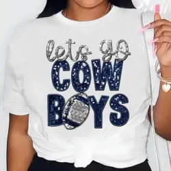 Cowboy & Football Print Crew Neck T-Shirt, Casual Short Sleeve T-Shirt For Spring & Summer, Street Fashion Women's Clothing