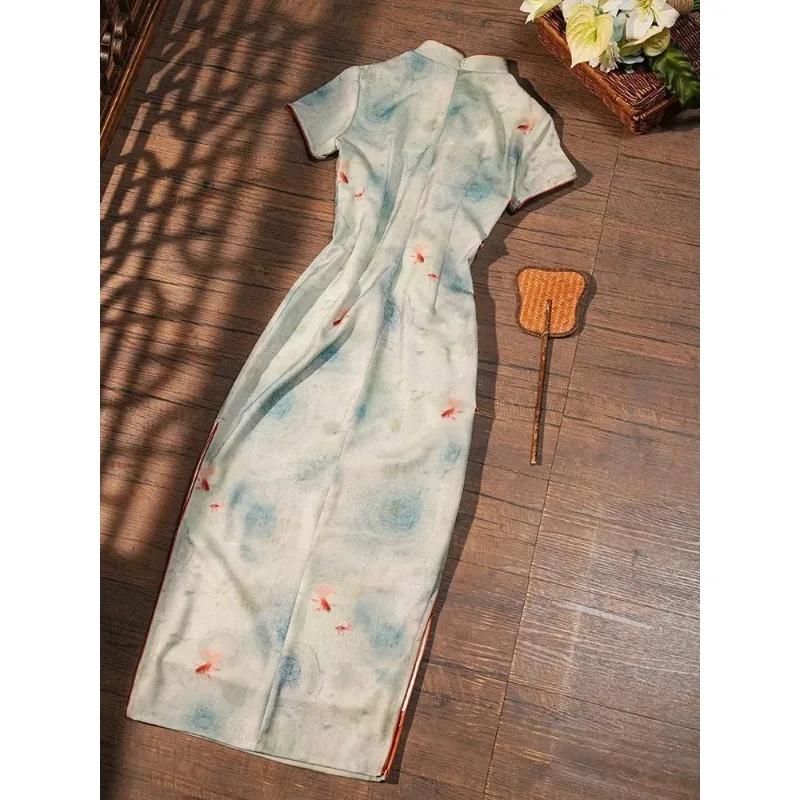 

Новое женское платье-ципао в китайском стиле с улучшенным кроем, принтом золотых рыбок, облегающее, с разрезом, миди, для офиса, летнее