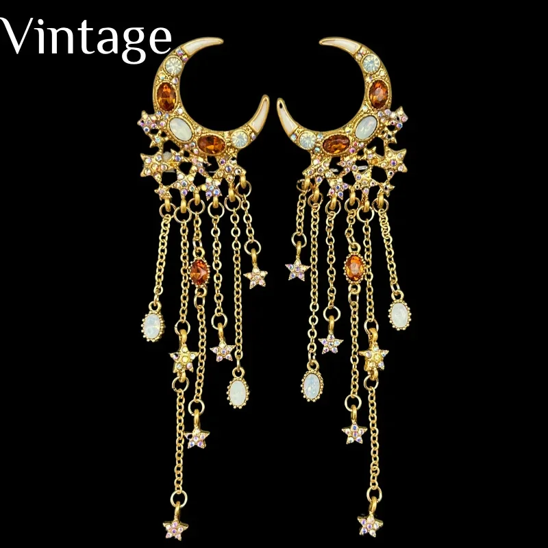 

Vintage Studded long fringe design Premium Star and Moon Stud earring brooch set for women