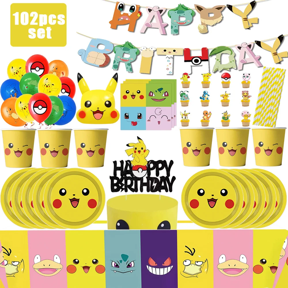 Pokemon Birthday Party Supplies Pikachu Decoration Banner Balloons Tableware Set Plates Napkins Baby Shower Children's Toy Gifts