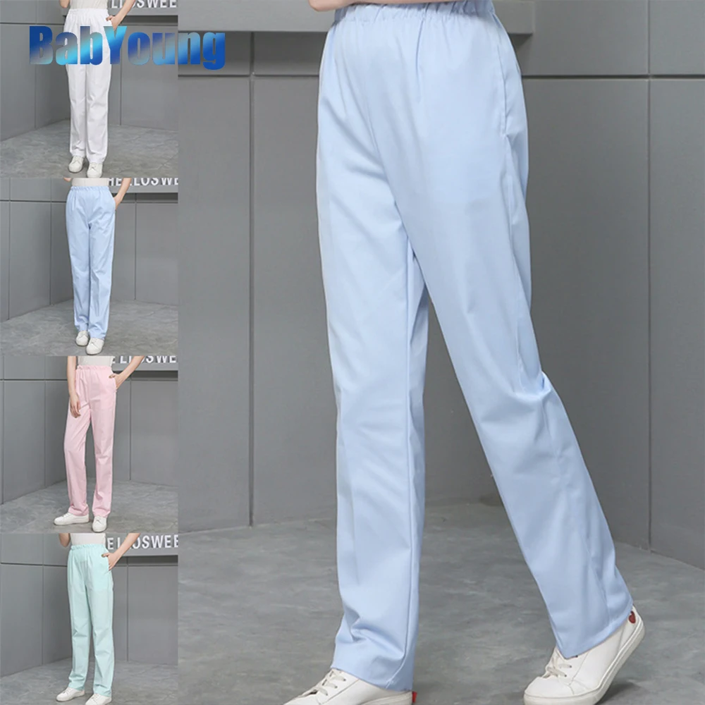 Pantalones de trabajo de Color liso de alta calidad para mujer, pantalones de cintura elástica, pantalones de médico blanco, pantalones de uniforme para enfermera y cuidado Dental, primavera y otoño