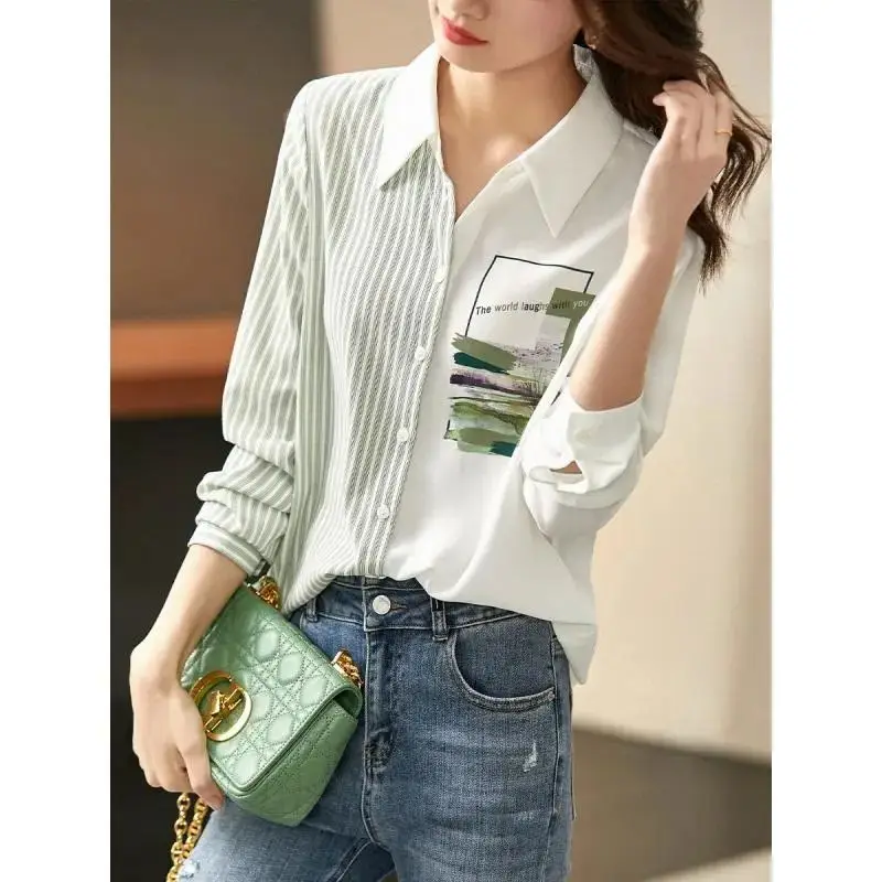 Female Casual Korean Striped Printed Spliced Blouse Fashion Commute Turn-down Collar Button Shirt Spring Autumn Women\'s Clothing