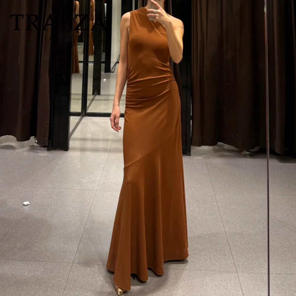 

TRAFZA Chic Asymmetrical Brown Vintage Woman Dress Pleated Diagonal Collar Dress Fashion 2025 Birthday Pleated Female Vestidos