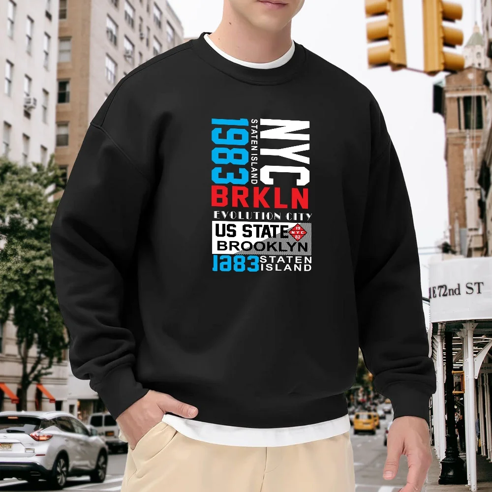

Men's Black Crew Neck Sweatshirt with New York Brooklyn Letter Print, Loose Street Style Casual Pullover, Versatile Trendy Style for Everyday Wear