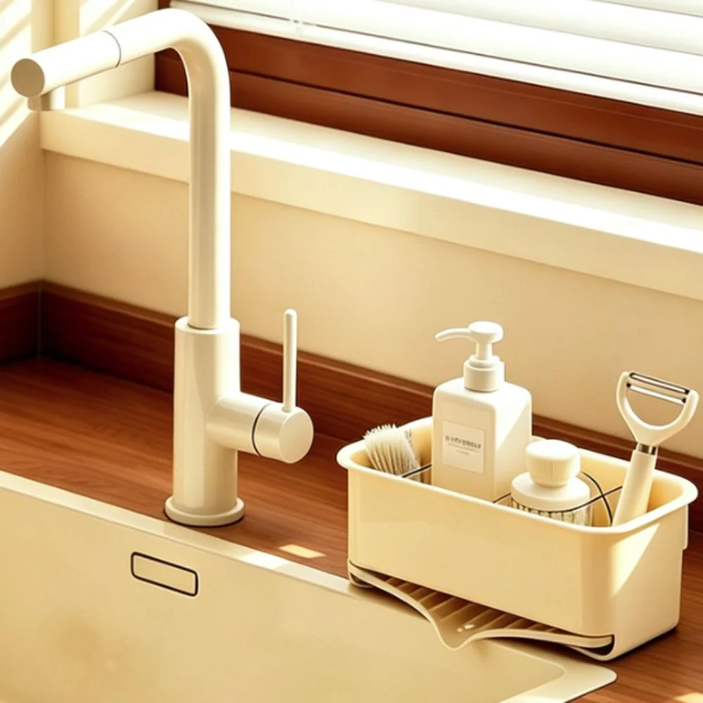 Wall-mounted Kitchen Sink Sponge Holder with Drain Tray Ventilated Kitchen Sink Drain Rack Removable Partition Space-saving