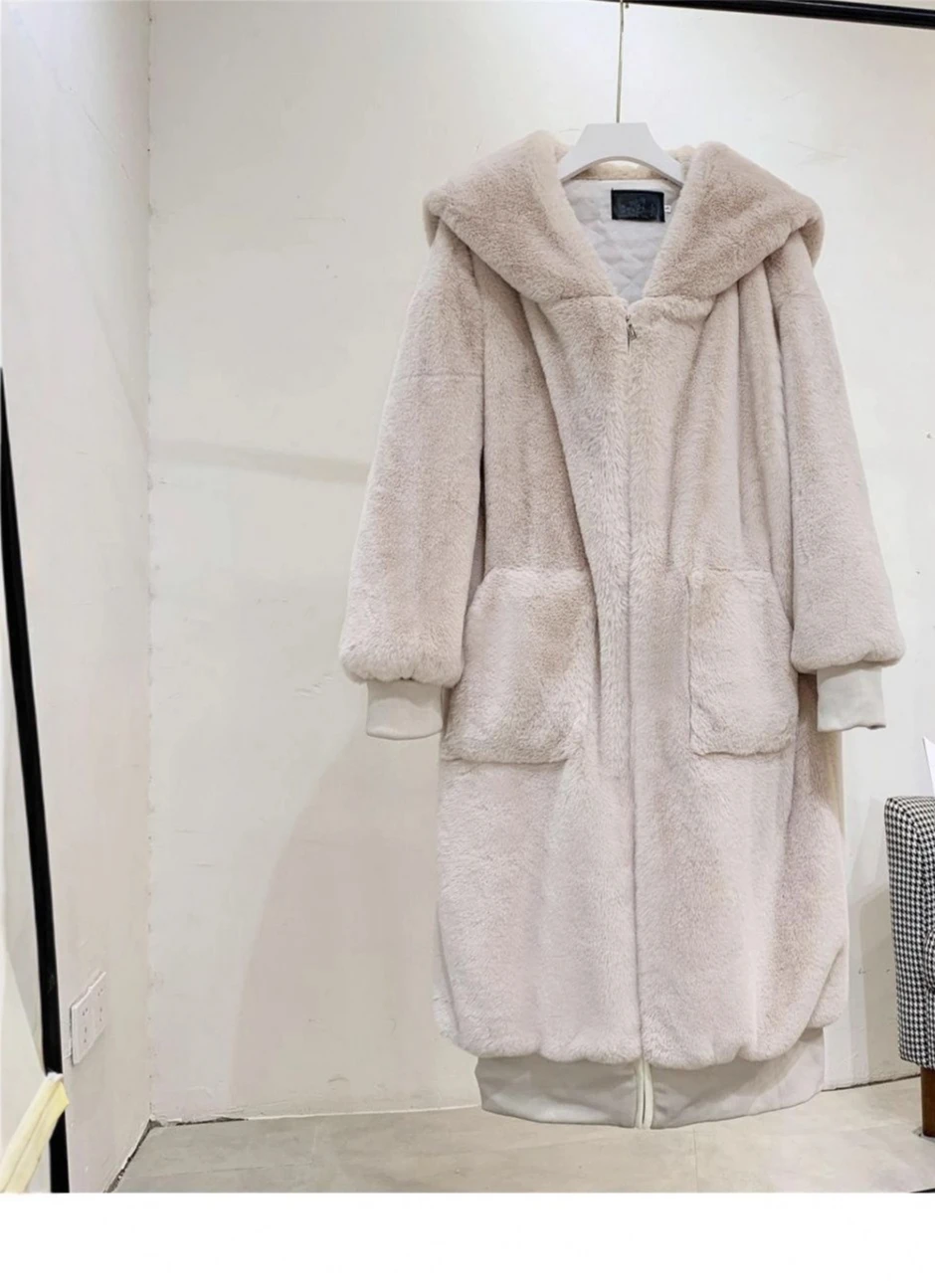 Płaszcz damski z luźnym krojem, gruby, z kapturem, średniej długości do długiego, z bawełną, styl jesienno-zimowy, 2025.