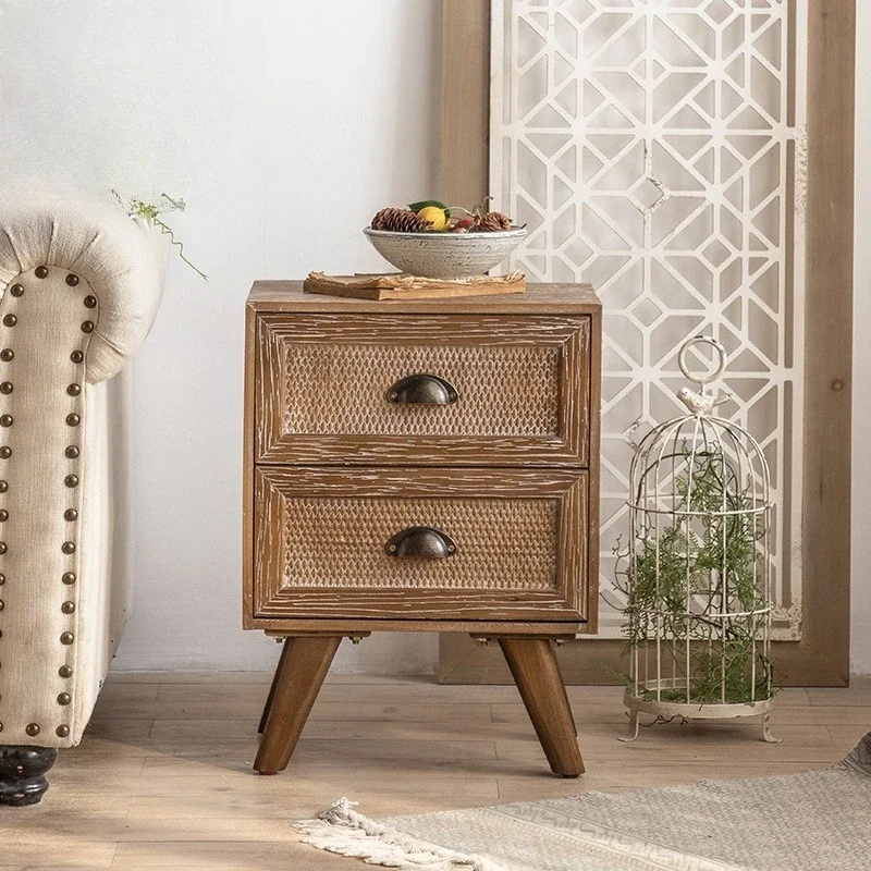 Mesita de noche de madera maciza wabi-sabi wind, almacenamiento de sofá para sala de estar, cama y desayuno, mueble lateral americano de registro de dormitorio retro