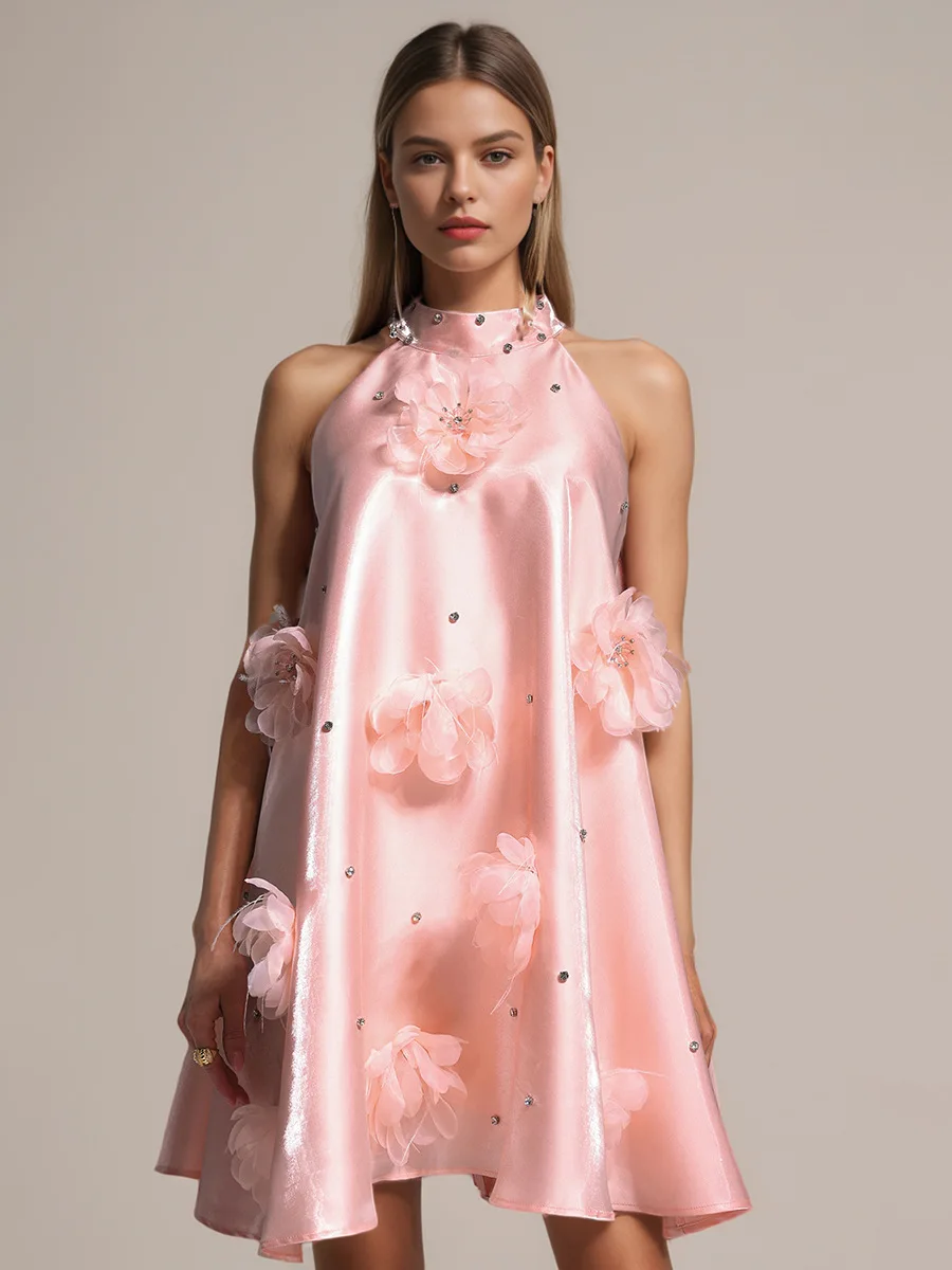 Elegant Pink 3D Floral Prom Evening Dress Luxury Backless Halter Short Dress Round Neck Loose Party Off Shoulder Party Dress