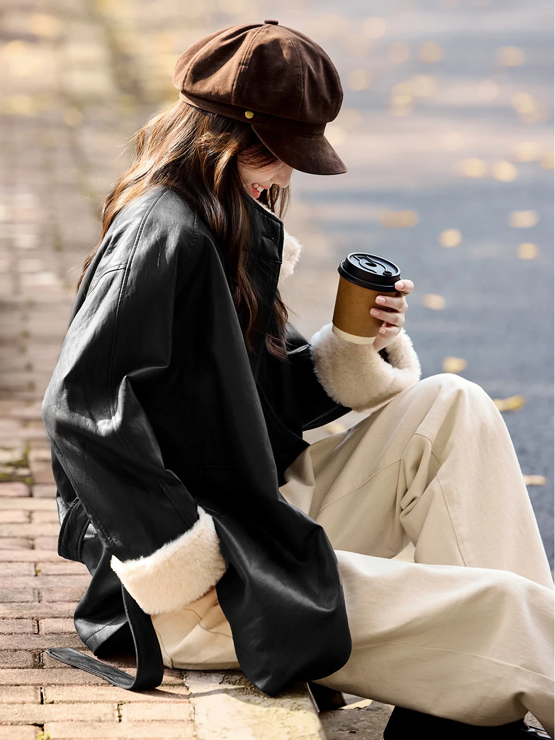 Xin Fei Yu Bla PU-Lederjacke Damen Gefütterte Schlankmachende Winterjacke Vintage Stehkragen Passform Mantel