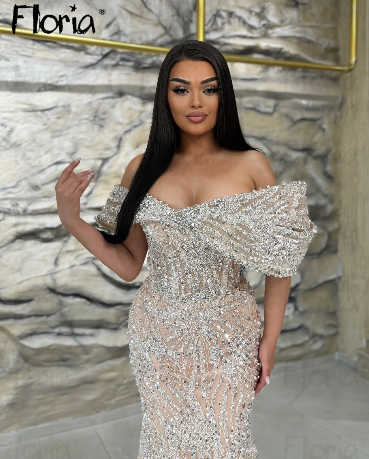 Dubai Arabic Nude Champagne Party Dress Off the Shoulder Mermaid Evening Dress Long Glitter Wedding Occasion Gowns For Women