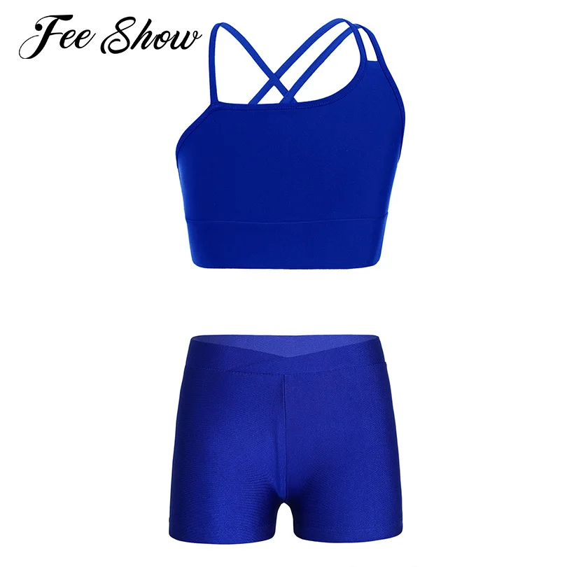 Kids Girls Stretchy Yoga Sets Outfit Strappy Slim Fit Crop Top Boy-cut Shorts Gymnastic Training Workout Suit Clothes Sportswear