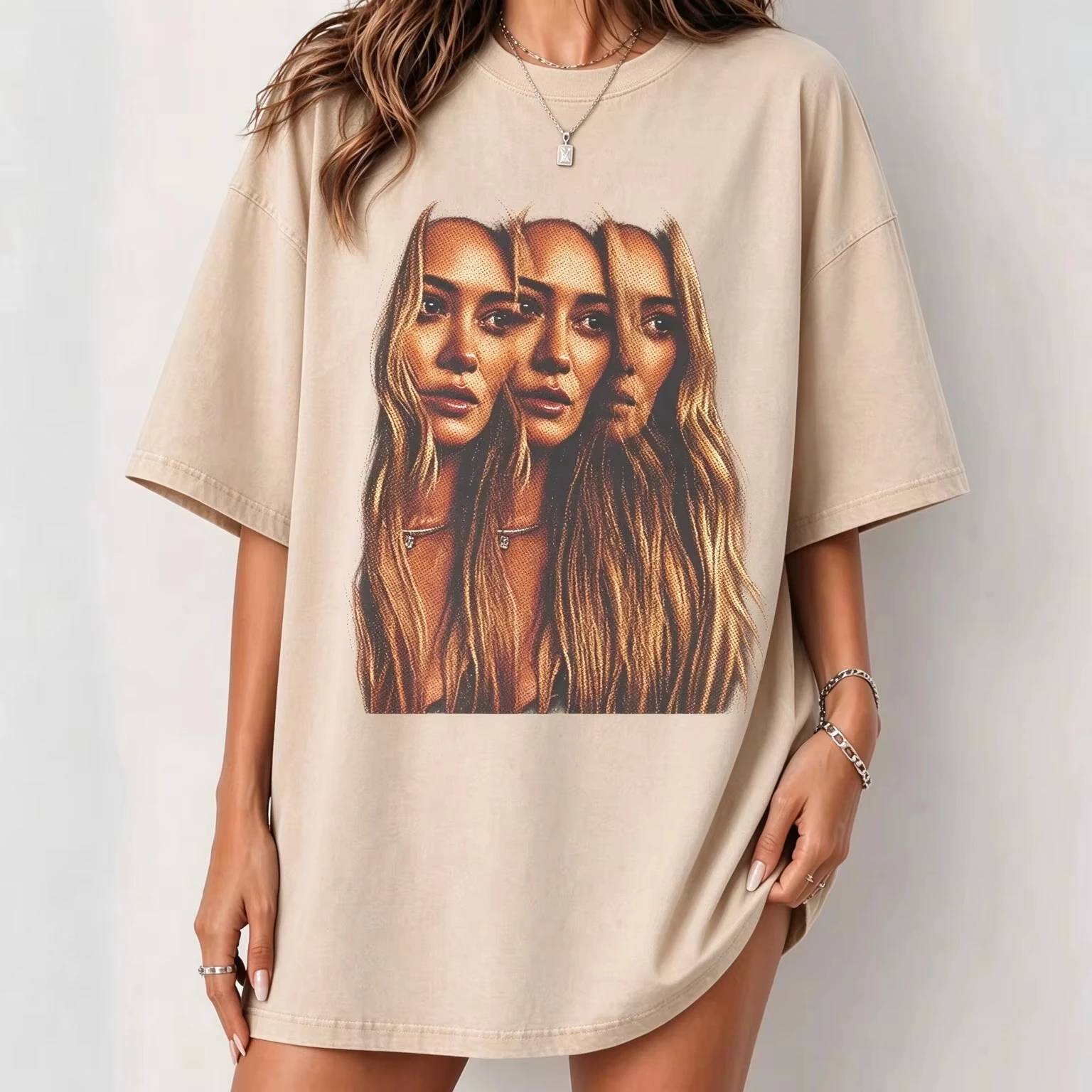 2026 New Hilary Duff Oversized Unisex Streetwear Triple Woman Face Halftone Portrait Graphic T Shirt Vintage Distorted Print Tee