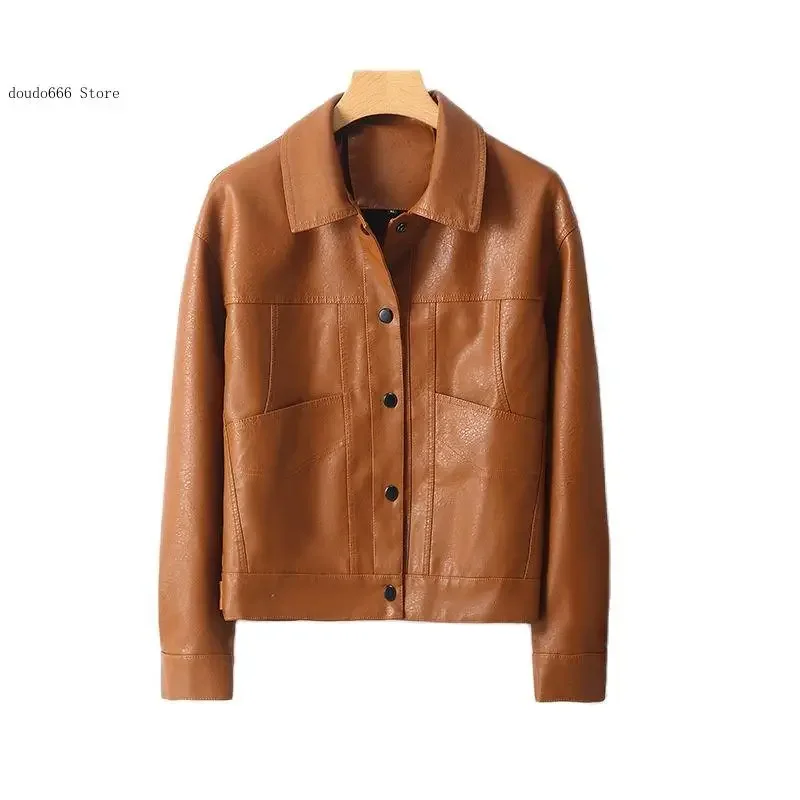 Spring and Autumn Women's Leather Lapel Button Korean Version of Women's Coat Female Motorcycle Leather Jacket