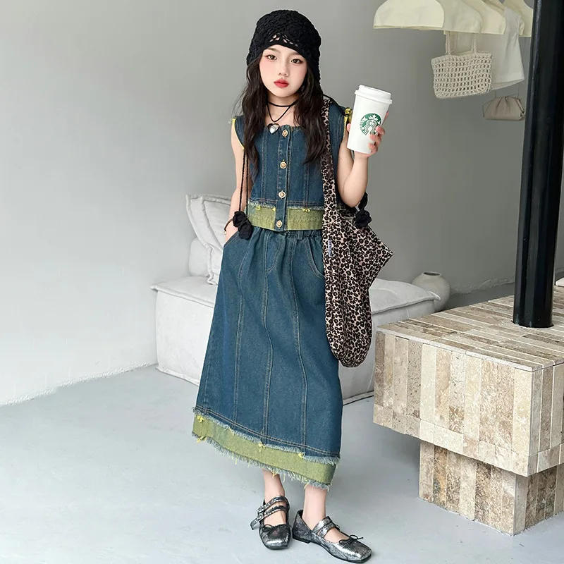 Baby Girl Clothes Suit Girls Summer Denim Skirt Thin Korean Casual Woolen Border Color Matching Retro Skirt Two-piece Set