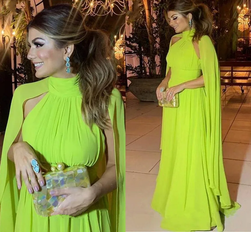 Libano abiti da sera lunghi maniche a mantella collo alto Chiffon verde chiaro donna abito da ballo formale Avondjurk Vestiddos De Feast