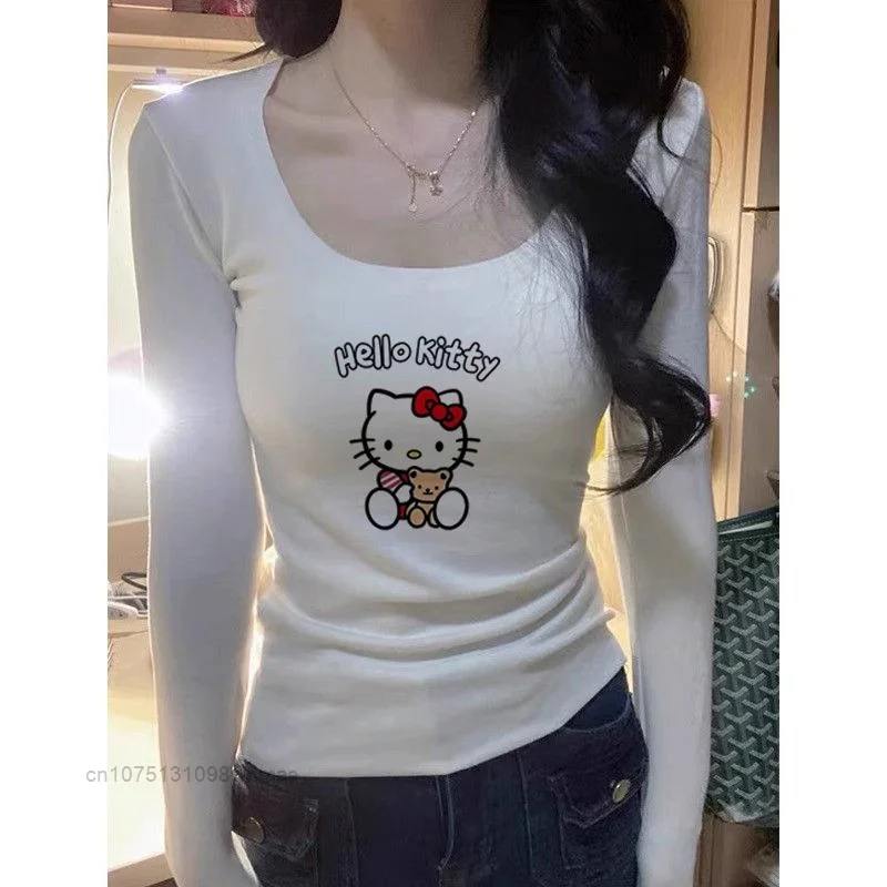 Sanrio Hello Kitty Long Sleeved T-shirt for Women, Cute Cartoon Tops, Keep Warm in Autumn and Winter Clothes