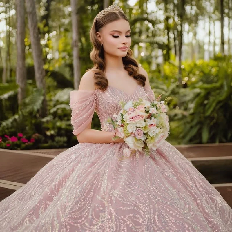 Vestido quinceanera rosa brilhante, renda tull, glitter, decalque, cauda longa, vestidos de 15 quinceanera ﻿ Personalizado