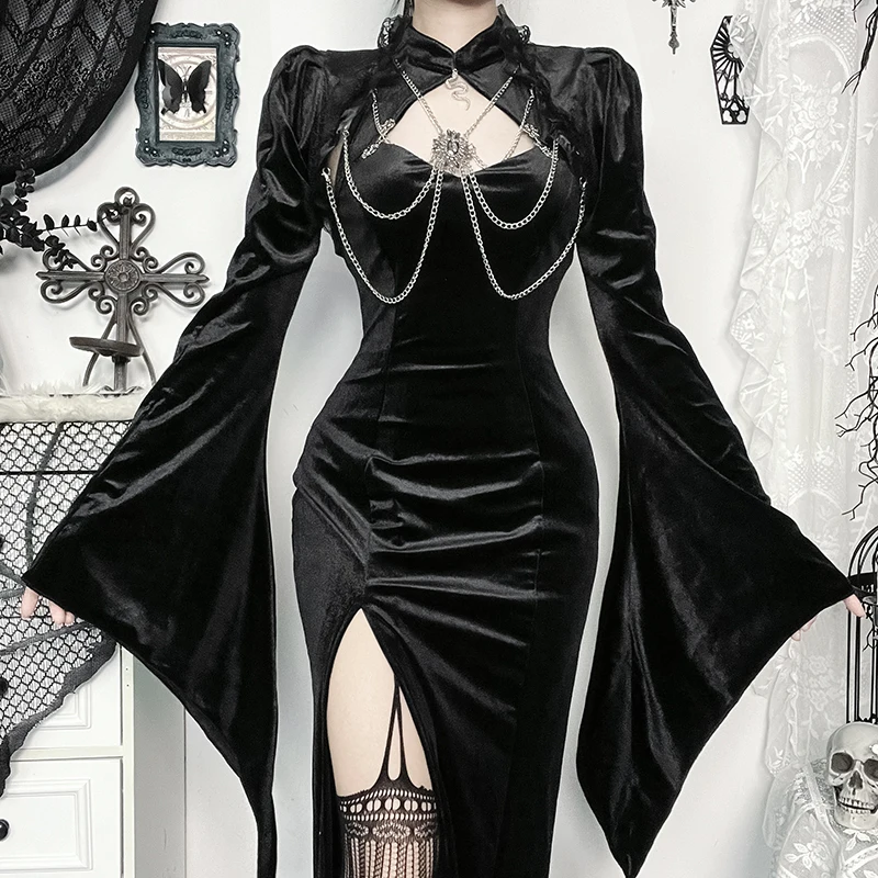 Y2K Gothic Black Velvet Chains Crystal Flared Sleeve Smock Vintage Elegant Lace Trim Women Fashion Tops Autumn Fashion Outfit